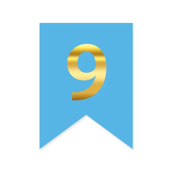 Цифра 9 на прапорці 6*12 см для індивідуальних написів Блакитний і золото