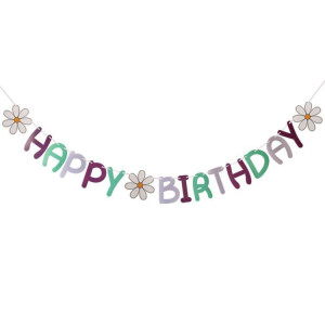 Напис картонний 14х10 см Happy birthday Ромашки Фіолетовий та м'ята 2 м
