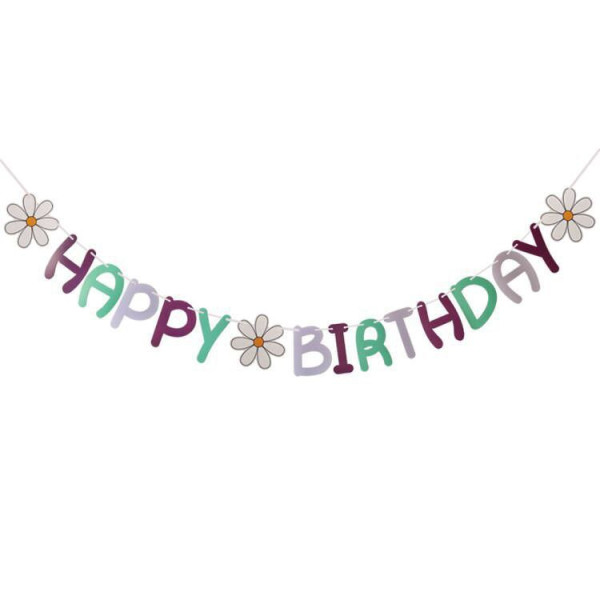 Напис картонний 14х10 см Happy birthday Ромашки Фіолетовий та м'ята 2 м