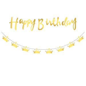 Напис картонний Happy Birthday прописом з коронами Золото 1,5 метра
