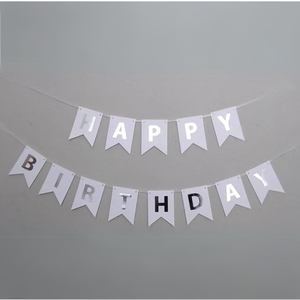 Напис картонний на прапорцях з тисненням срібною фольгою 16 см Happy Birthday Білий