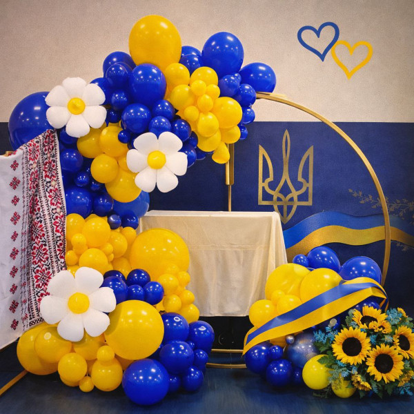 Набір 100 кульок для арки фотозони без каркасу Квіткова Україна з ромашками Синій та жовтий