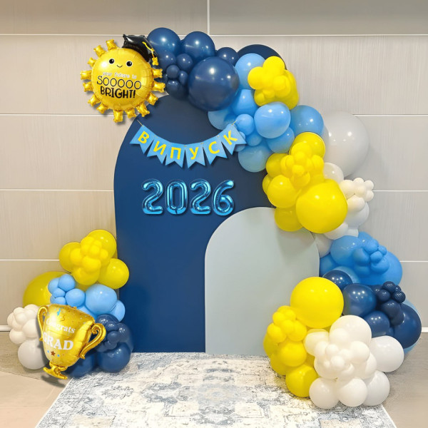 Набір 85 кульок для арки фотозони Ера можливостей на Випуск із прапорцями та цифрами Блакитний та жовтий