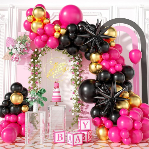 Набір 100 куль для арки фотозони Яскравий вечір з об'ємними зірками Фуксія та чорний
