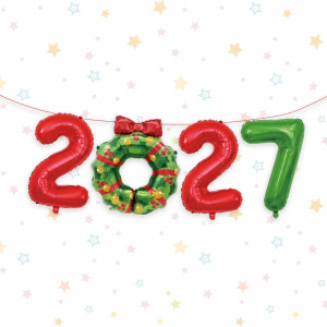 Набір цифр фольгованих на Новий рік 32" 80 см 2027 з віночком Червоний і зелений