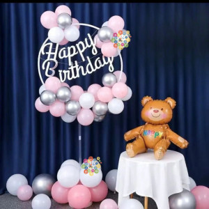 Набор воздушных шаров со стойкой круг и надписью Медвежонок Розовый и серебро