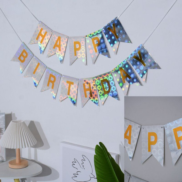 Напис картонний на прапорцях 17х12 см Happy birthday Голограма срібло