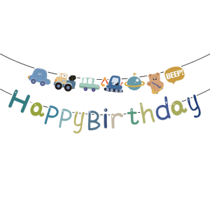 Напис картонний 20х20 см Happy Birthday Ретро транспорт Різнокольоровий
