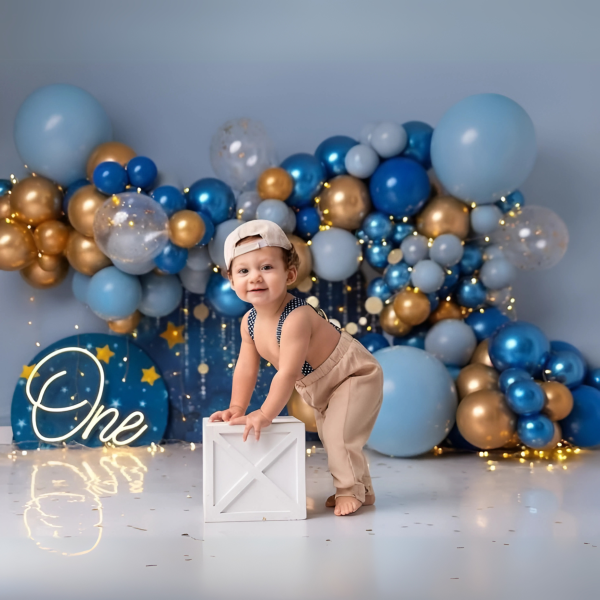 Набір 65 куль для арки фотозони з гірляндою Світлячок щастя Синій та золото