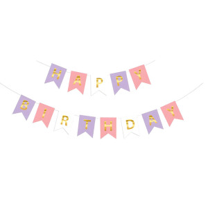 Напис картонний на прапорцях 20х16 см Happy birthday Бузок та рожевий 3 метри