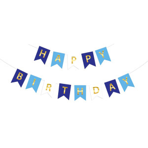 Напис картонний на прапорцях 20х16 см Happy birthday Синій та блакитний 3 метри