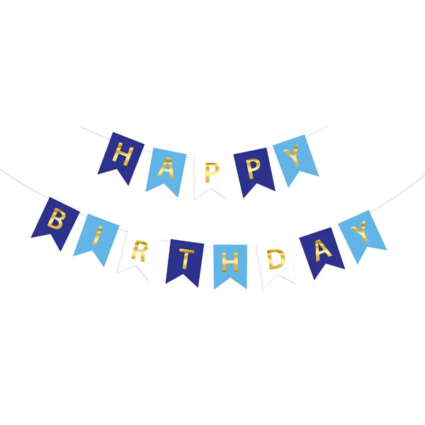Напис картонний на прапорцях 20х16 см Happy birthday Синій та блакитний 3 метри
