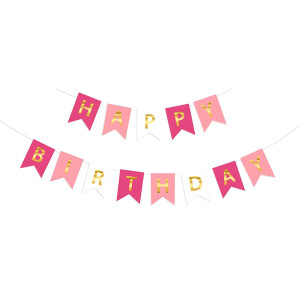 Напис картонний на прапорцях 20х16 см Happy birthday Рожевий та фуксія 3 метри