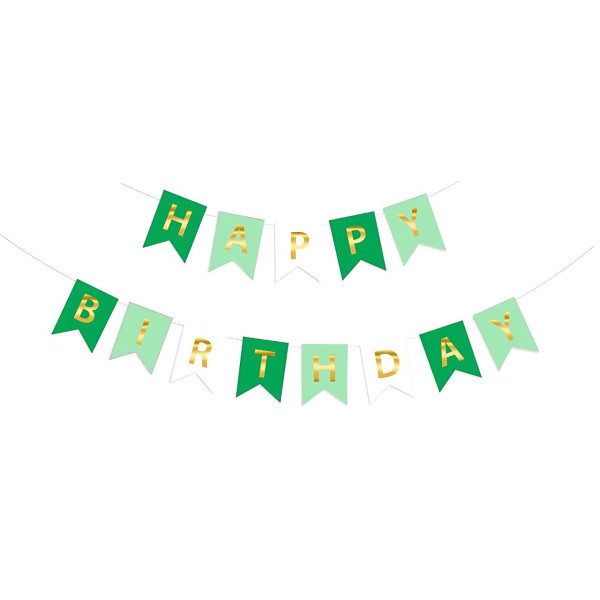 Напис картонний на прапорцях 20х16 см Happy birthday Зелений та м'ята 3 метри
