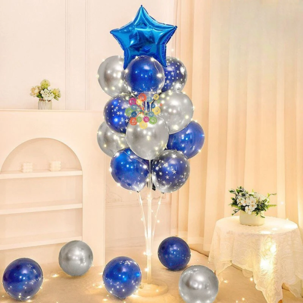 Набір 13 куль зі стійкою та гірляндою Зіркова карта Синій і срібло