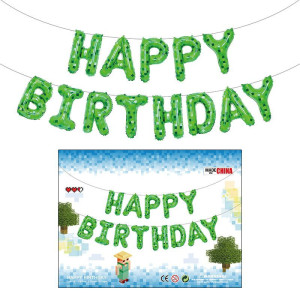 Шар фольгированный надпись надувная 40 см Happy Birthday Майнкрафт Пиксели Зеленый
