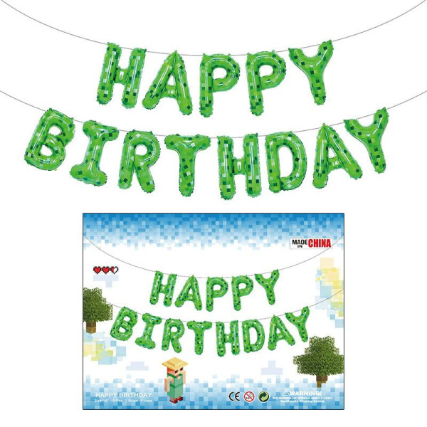 Шар фольгированный надпись надувная 40 см Happy Birthday Майнкрафт Пиксели Зеленый
