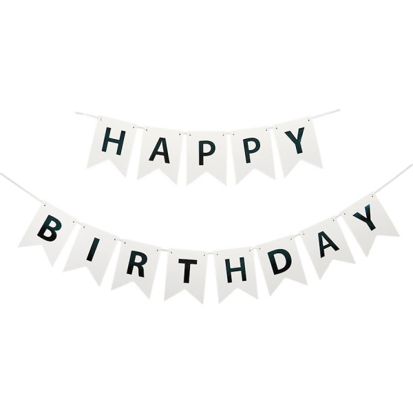 Напис картонний на прапорцях 16 см Happy Birthday Білий з чорним