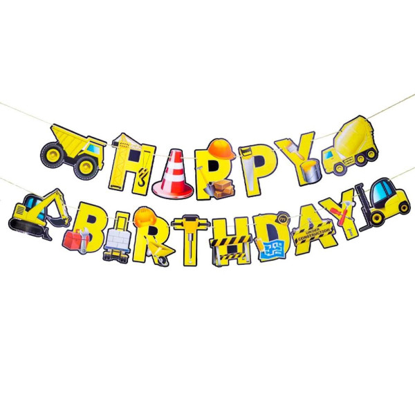 Напис картонний Happy Birthday Будівельний транспорт Жовтий