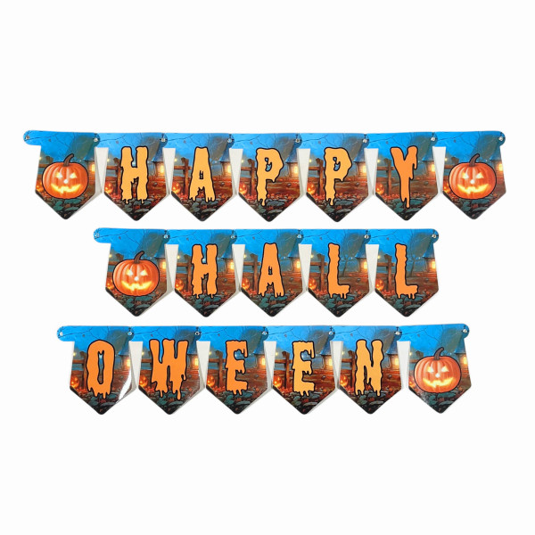Напис картонний на Хелловін з гарбузиками Happy halloween Помаранчевий та блакитний