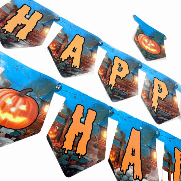 Напис картонний на Хелловін з гарбузиками Happy halloween Помаранчевий та блакитний