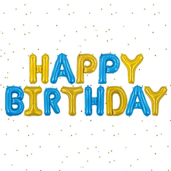 Куля фольгована напис надувний 40 см Happy Birthday Блакитний і золото