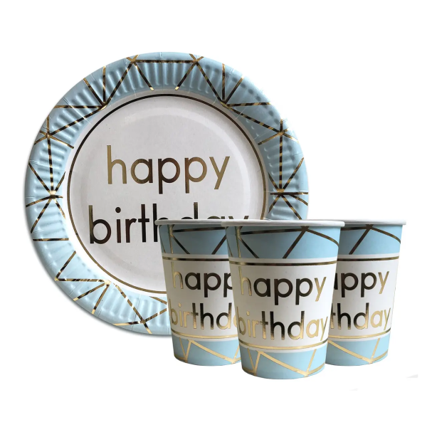 Набір посуду для свята на 10 персон Happy Birthday З тисненням фольгою Блакитний Тарілки 18 см і стаканчики