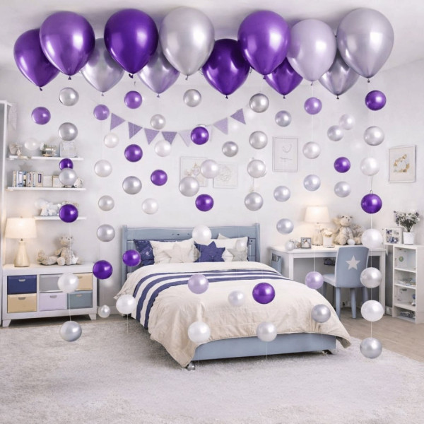 Набір 65 кульок під стелю з ланцюжками і дабл стафф Сяйво аметисту Фіолетовий і срібло