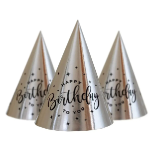 Ковпаки святкові з тисненням фольгою 16 см Happy Birthday Прописом Срібло 5 шт