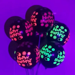 Кулі латекс 12" 30 см з написом Нappy birthday Флуоресцентні в ультрафіолеті Чорний Упаковка 5 шт