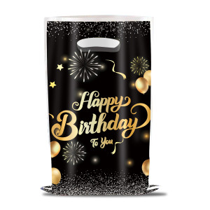 Пакети для солодощів 16х25 см Happy Birthday феєрверк і кульки Упаковка 10 штук Чорний