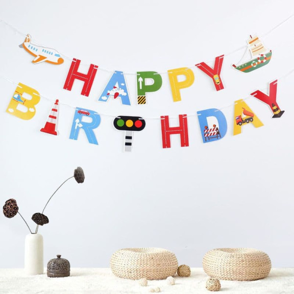 Надпись картонная Happy Birthday Транспорт Разноцветный