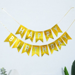 Напис картонний на прапорцях 17х12 см Happy birthday Голограма золото