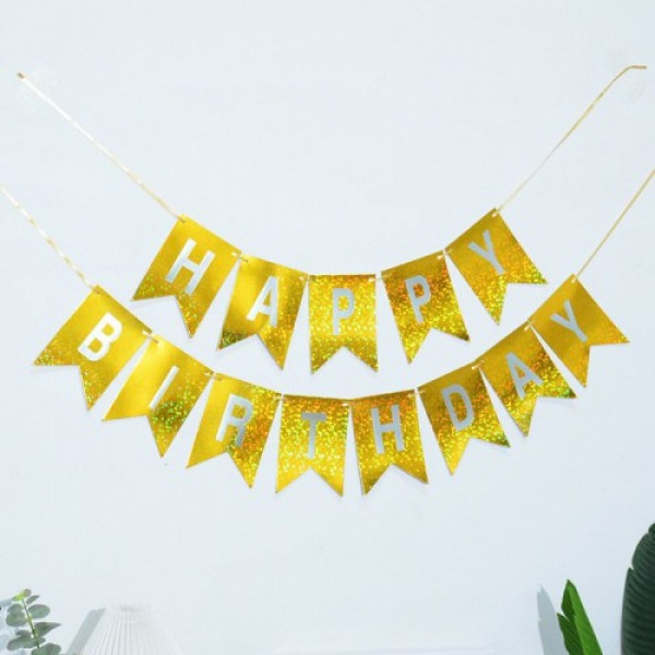 Напис картонний на прапорцях 17х12 см Happy birthday Голограма золото