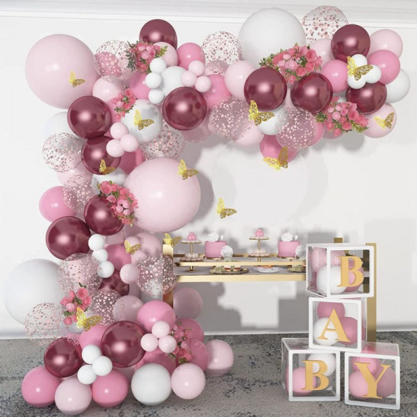 Набір 105 куль для арки фотозони Ніжна квітка з метеликами і кульками дабл стаф Рожевий та золото