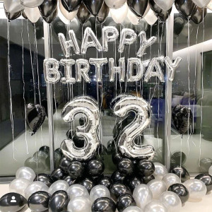 Набір 50 куль для композиції Happy Birthday з цифрами Срібло із чорним