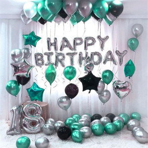Набір 55 куль для фотозони Happy Birthday з цифрами Бірюза зі сріблом
