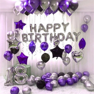 Набор 55 шаров для фотозоны Happy Birthday с цифрами Фиолетовый с серебром