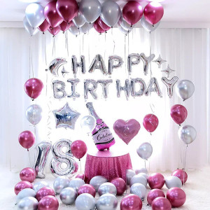 Набір 55 кульок для фотозони Happy Birthday з цифрами Срібло з рожевим