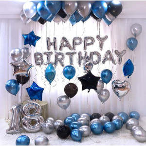 Набір 65 кульок для фотозони Happy Birthday з цифрами Срібло з блакитним