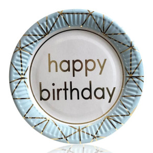 Тарілки святкові паперові одноразові Happy Birthday 18 см 5 шт З тисненням фольгою Блакитний