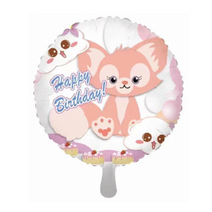 Куля фольгована кругла 18" 45 см з малюнком Милі звірята Лисеня Happy Birthday Білий