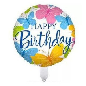 Шар фольгированный круглый 18" 45 см Бабочки Happy Bithday Белый и голубой
