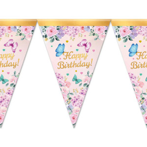 Паперові прапорці вимпели 24 см Happy birthday з метеликами 2 метри Рожевий