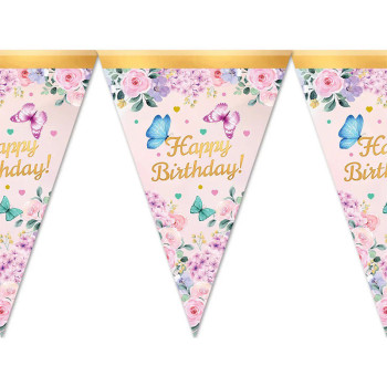 Паперові прапорці вимпели 24 см Happy birthday з метеликами 2 метри Рожевий