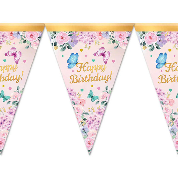 Паперові прапорці вимпели 24 см Happy birthday з метеликами 2 метри Рожевий