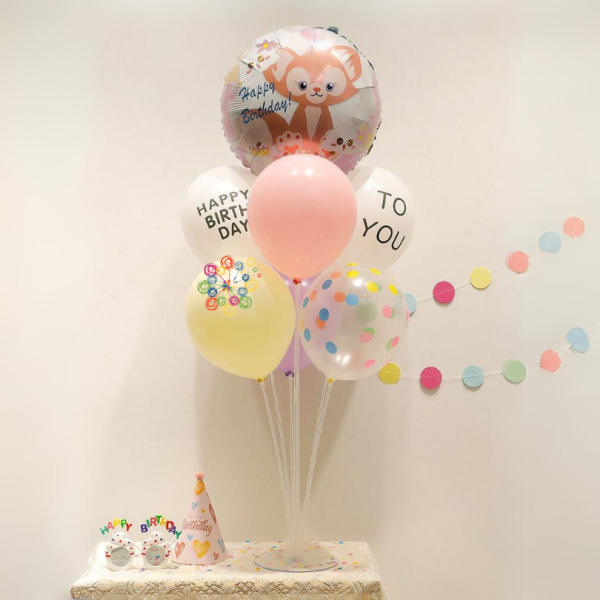 Набір 7 куль зі стійкою Лисичка Happy birthday Рожевий і білий